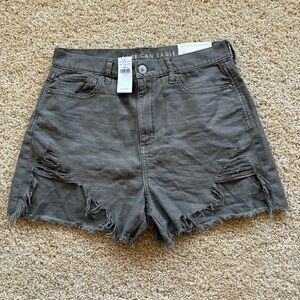 American Eagle Highest‎ Rise Mom Shorts Olive Gray Raw Hem Denim Womens Size 10